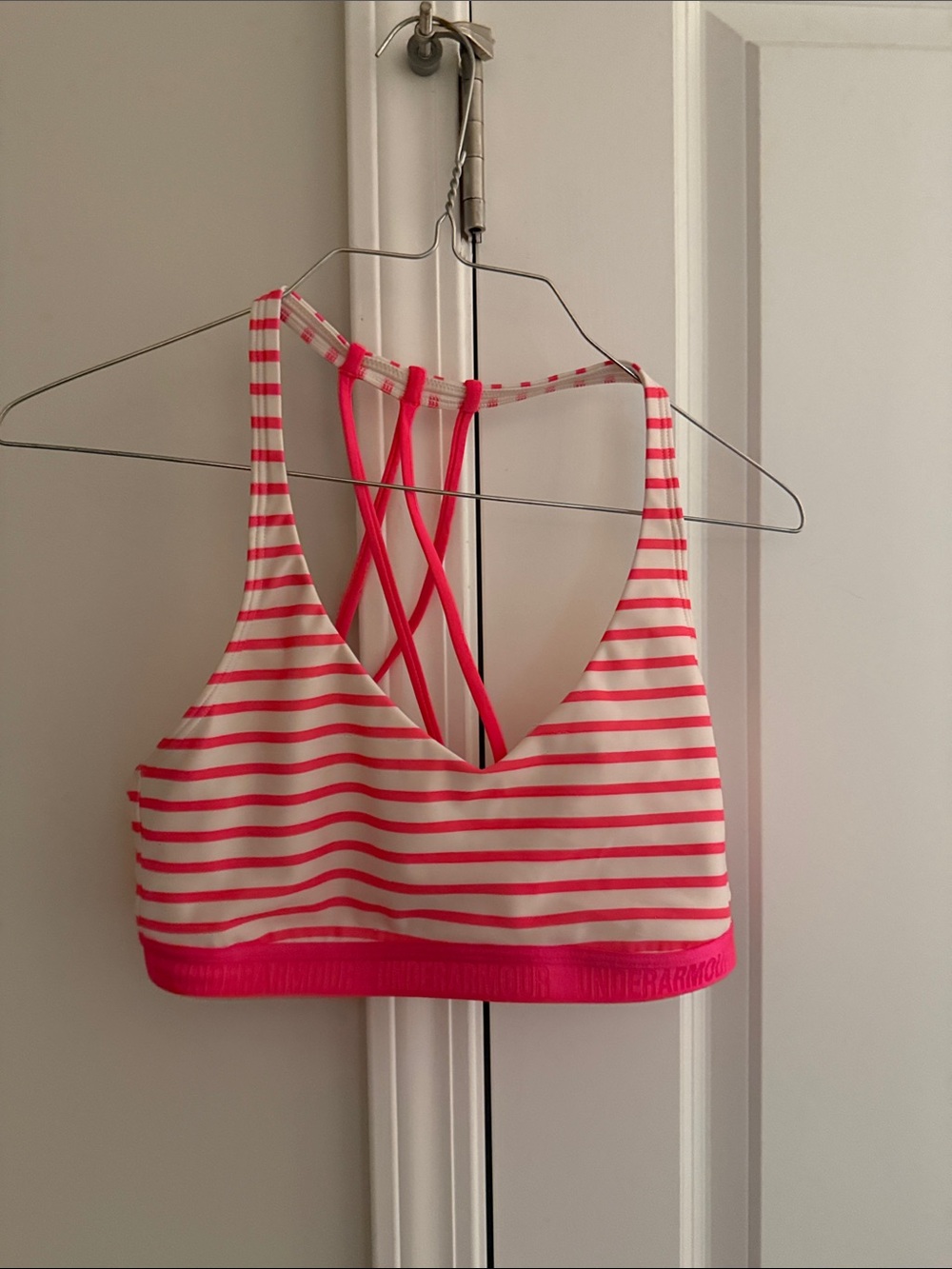 Under Armour Pink and White Striped Sports Bra